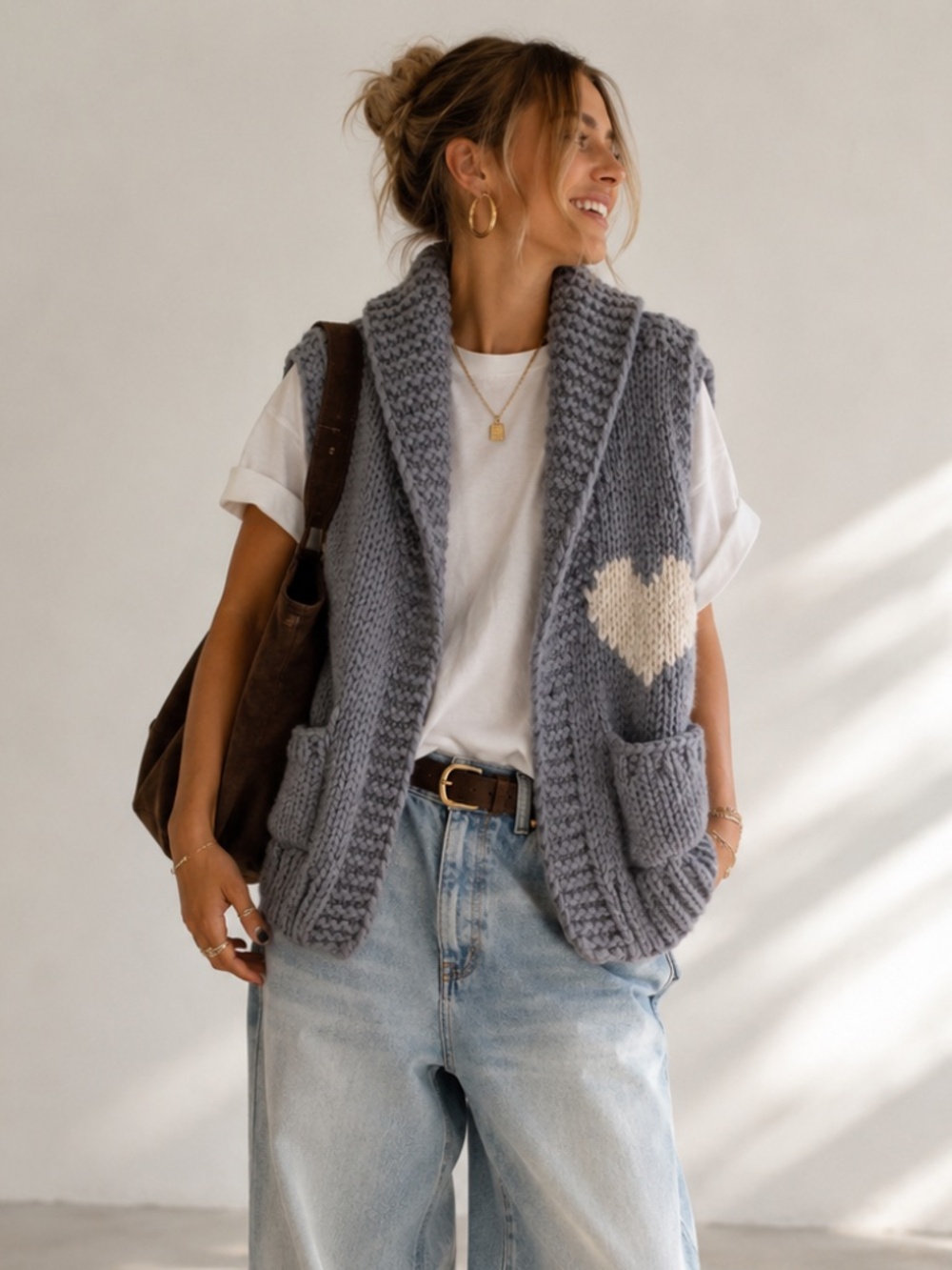 GOGO Hand Knit Merino Wool Heart Vest Stone Grey Shawl Collar | Free Size